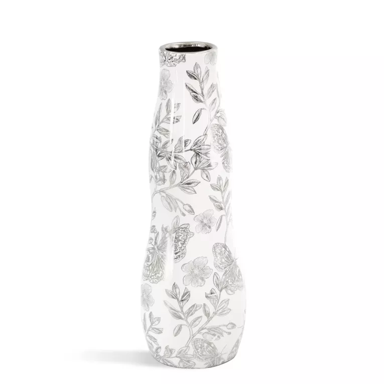 Wazon dekoracyjny biało, srebrny zdobiony roślinnym wzorem 10x30 cm RITA Eurofirany