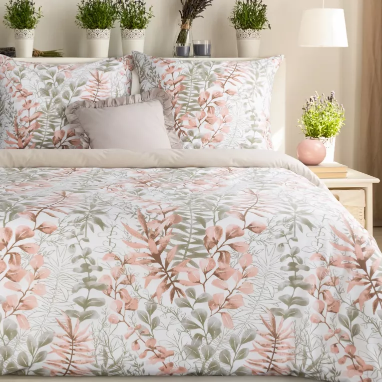 Pościel 140x200 cm komplet 2 częściowy kolor pudrowo różowy, biały z motywem roślinnym FREESIA Eurofirany