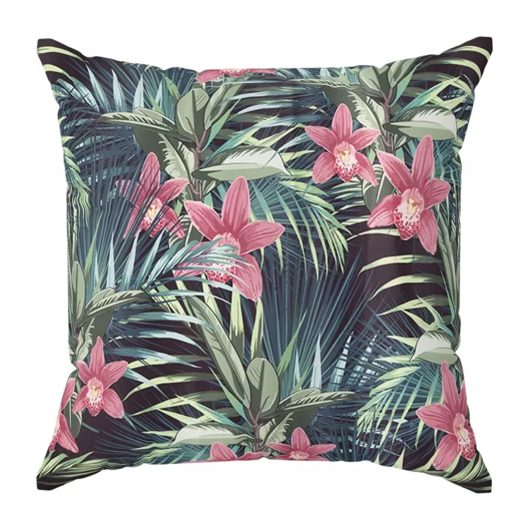 Poszewka szyta CALISTA czarno różowa z miękkiej tkaniny typu blackout drukowanej w botaniczny wzór