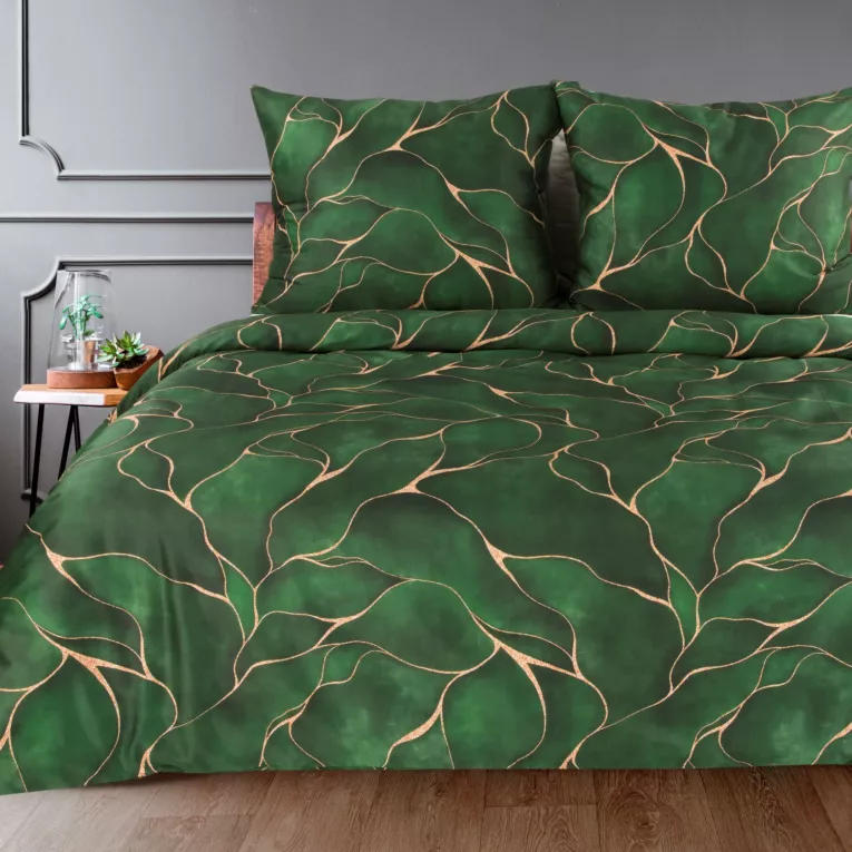 Pościel 220x200 cm z satyny bawełnianej kolor zielony, złoty w ozdobnym opakowaniu z wzorem marmuru GIFT1 Eurofirany