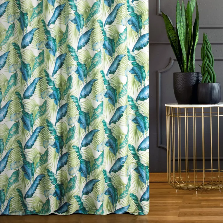 Tkanina zasłonowa zaciemniająca typu dimout z motywem egzotycznych liści Eurofirany