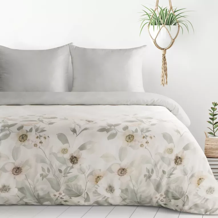 Pościel 140x200 cm komplet 2 częściowy  kolor biało, srebrny z motywem subtelnych kwiatów ELIA Design 91 Eurofirany