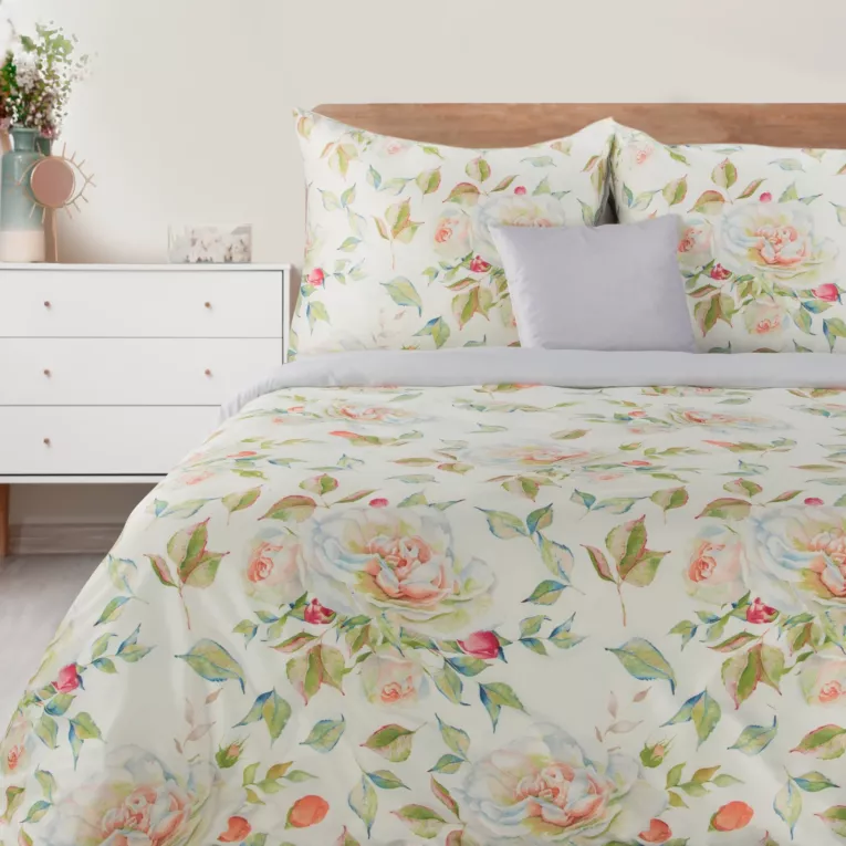 Pościel 140x200 cm poliestrowa kolor biały, jasnopomarańczowy w róże ELLA Eurofirany