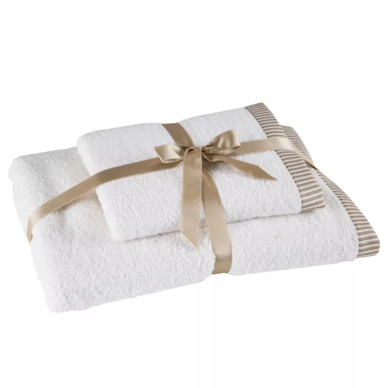 Zestaw ręczników bawełnianych na prezent 2 szt kolor kremowy z ozdobną żakardową bordiurą w paseczki 450 g/m2 KOS Eurofirany