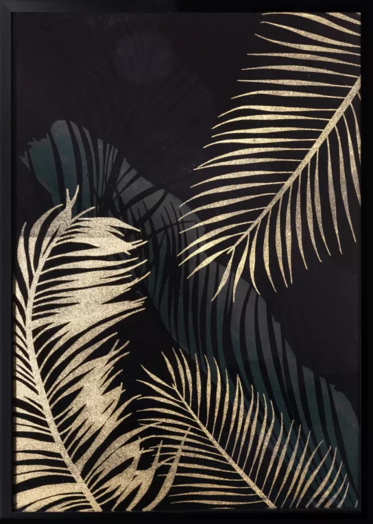 Obraz z nadrukiem egzotycznych liści ze złotymi dodatkami