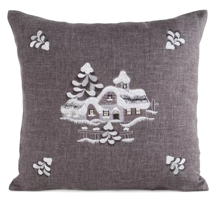 Poszewka na poduszkę świąteczna 45x45 cm stalowo, srebrna o naturalnym splocie z haftowaną aplikacją Eurofirany