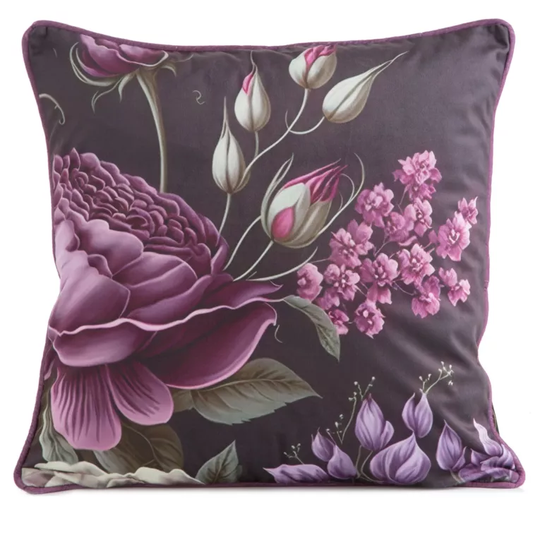 Poszewka na poduszkę 45x45 cm welwetowa, dwustronna z motywem kwiatów z wypustką na brzegach fioletowo, czarna EUROFIRANY PREMIUM