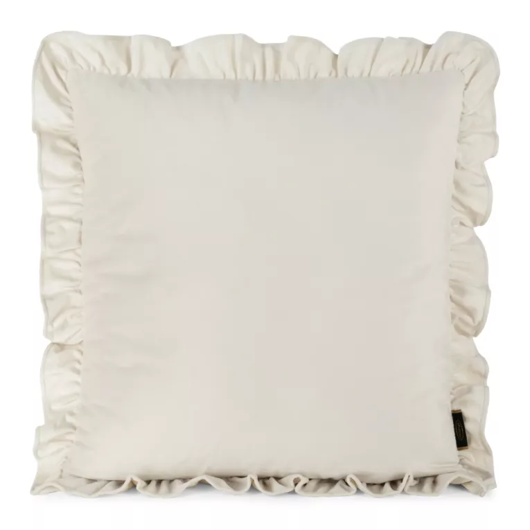 Poszewka na poduszkę 45x45 cm z aksamitnego welwetu zdobiona na brzegach falbanami kremowa BRENDA EUROFIRANY PREMIUM