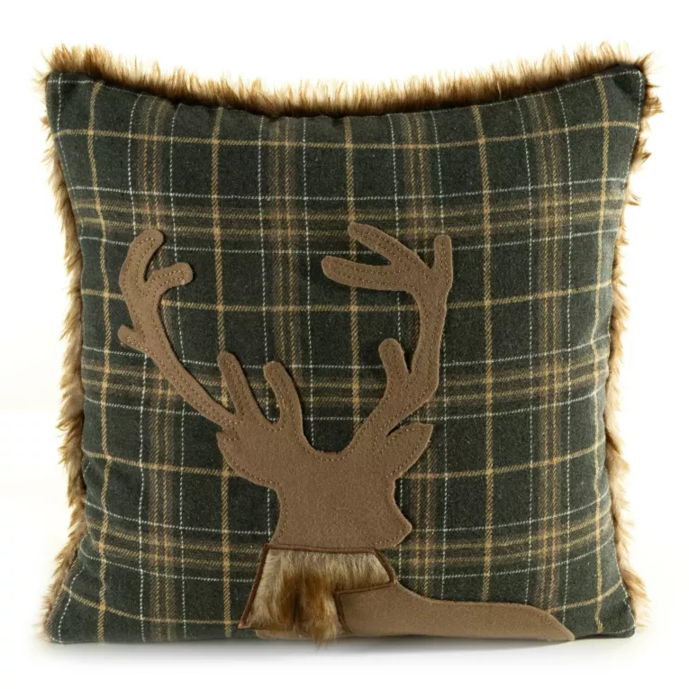Poszewka na poduszkę 45x45 cm z reniferem i futerkiem na brzegach zielono, brązowa Eurofirany