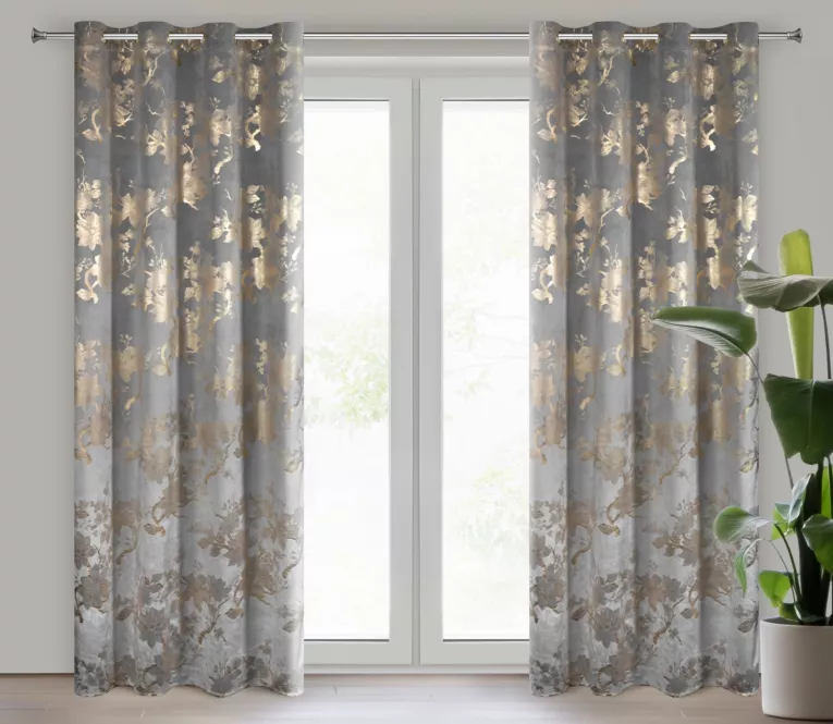 Zasłona gotowa welwetowa CELIA z nadrukiem kwiatów 140x250 przelotka Eurofirany