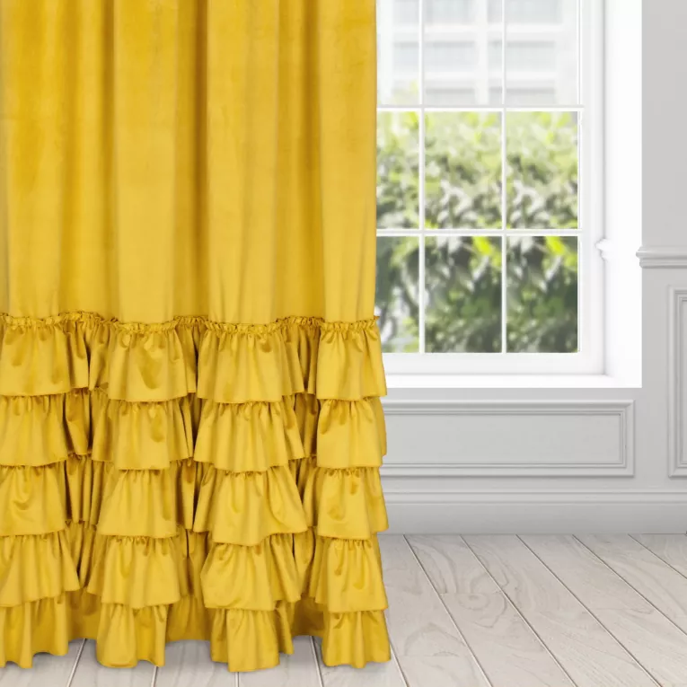 Zasłona musztardowa z welwetu zdobiona falbanami 140x270 cm taśma CHARLOTTE Eurofirany