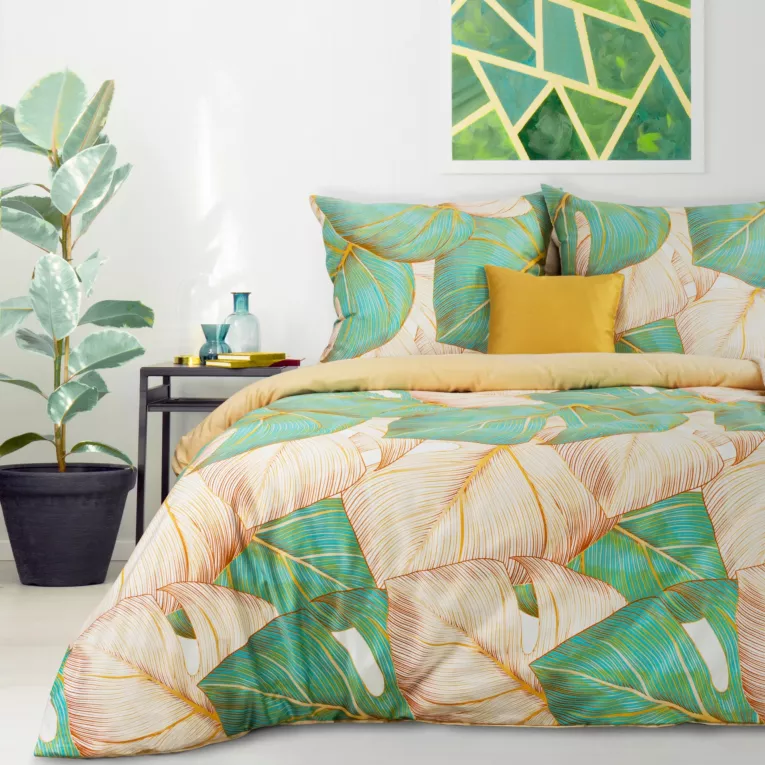 Pościel 160x200 cm z satyny bawełnianej kolor beżowy, miętowy z botanicznym wzorem NELLY 1 Eurofirany