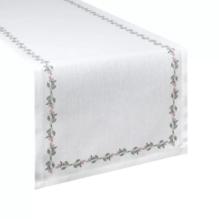 Bieżnik na stół plamoodporny 40x140 cm biało, zielony z motywem roślinnym - LILY Eurofirany
