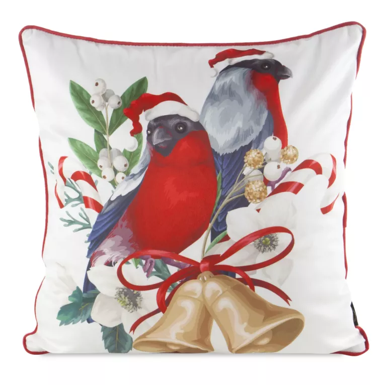 Poszewka na poduszkę świąteczna 45x45 cm biało, czerwona zdobiona uroczym nadrukiem ptaszków i elegancką wypustką Eurofirany