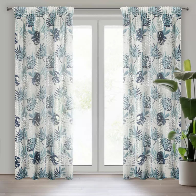 Dekoracja okienna biało, granatowa z motywem botanicznym i błyszczącym nadrukiem 140x270 taśma MALTA Eurofirany