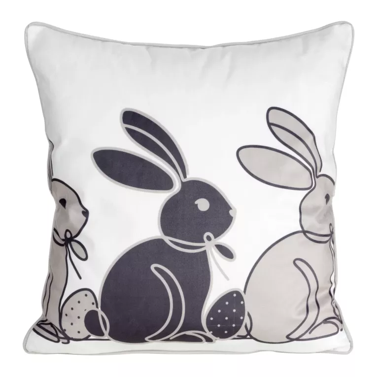 Poszewka na poduszkę 45x45 cm welwetowa zdobiona nadrukiem zajączków biało, beżowa WIOSNA 4 Eurofirany