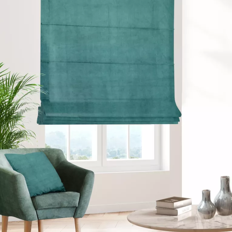Roleta rzymska LIVIA turkusowa z miękkiego welwetu zaciemniającego typu BLACKOUT o gramaturze 400g/m2
