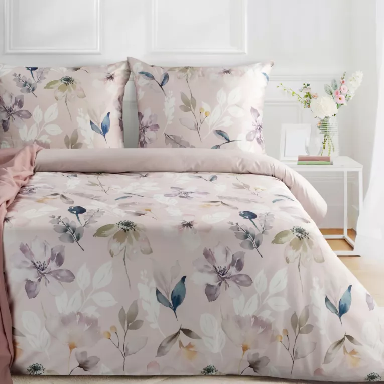 Pościel 160x200 cm komplet 3 częściowy z makosatyny bawełnianej kolor jasnoróżowy, biały z motywem kwiatów Eurofirany Premium