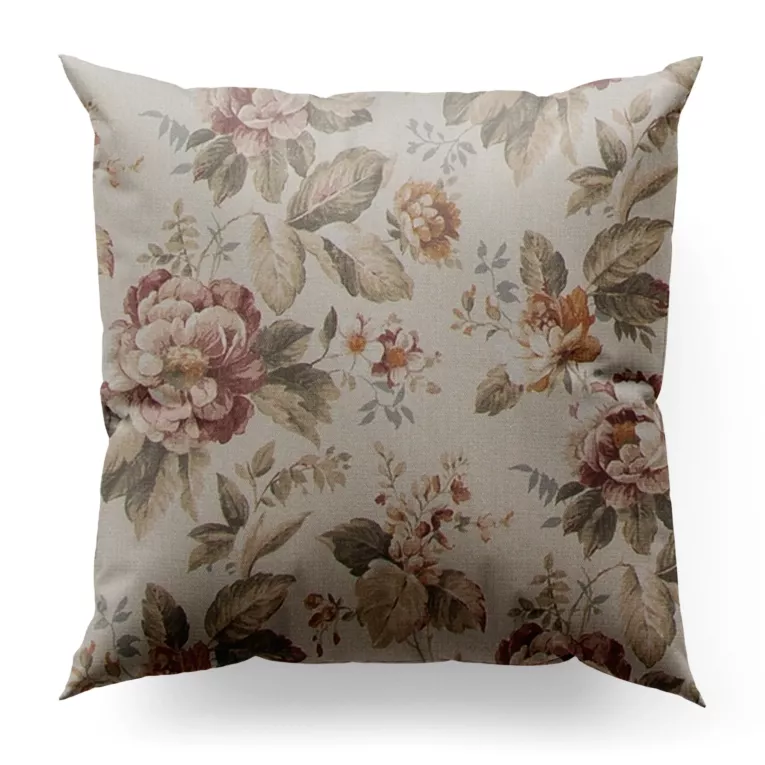 Poszewka szyta kremowo ceglasta z tkaniny z dodatkiem bawełny i nici metalicznej, o wzorze w kwiaty, zawiera 20% bawełny