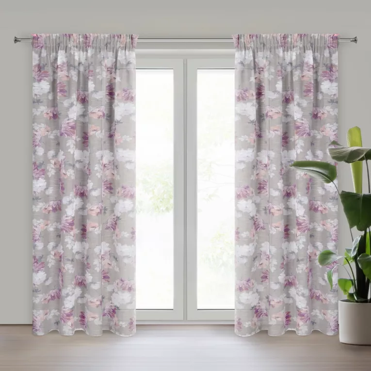 Zasłona srebrna w różowe kwiaty z etaminy 140x300 cm taśma SHERRY Eurofirany