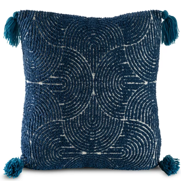 Poszewka na poduszkę 45x45 cm z błyszczącym nadrukiem oraz ozdobnymi chwostami na rogach granatowa SAVA Eurofirany