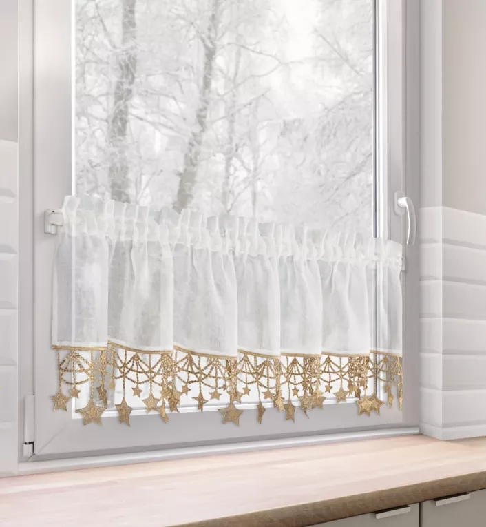 Zazdrostka świąteczna biało, złota z etaminy zdobiona luźno zwisającymi gwiazdkami 30x150 cm tunel - XMAS Eurofirany