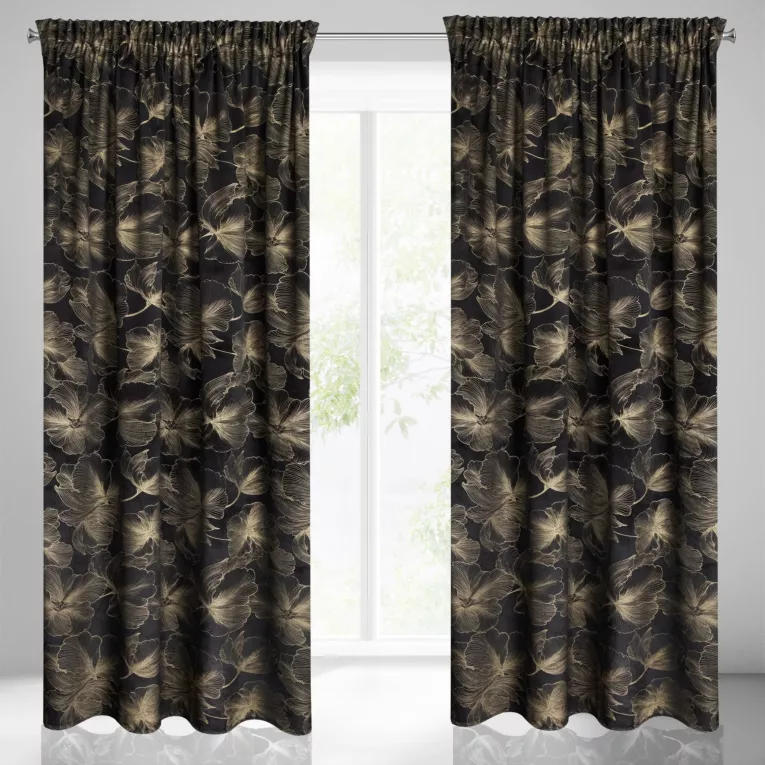 Zasłona czarna z błyszczącego welwetu w złote kwiaty 140x300 cm taśma - STELLA Eurofirany