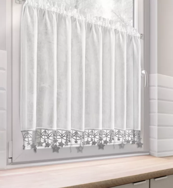 Zazdrostka świąteczna biało, srebrna z etaminy zdobiona luźno zwisającymi gwiazdkami 150x90 cm tunel - XMAS Eurofirany