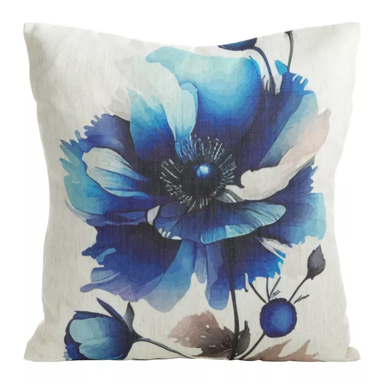 Poszewka na poduszkę 45x45 cm o strukturze lnu z nadrukiem subtelnych kwiatów beżowo, niebieska LEN Eurofirany