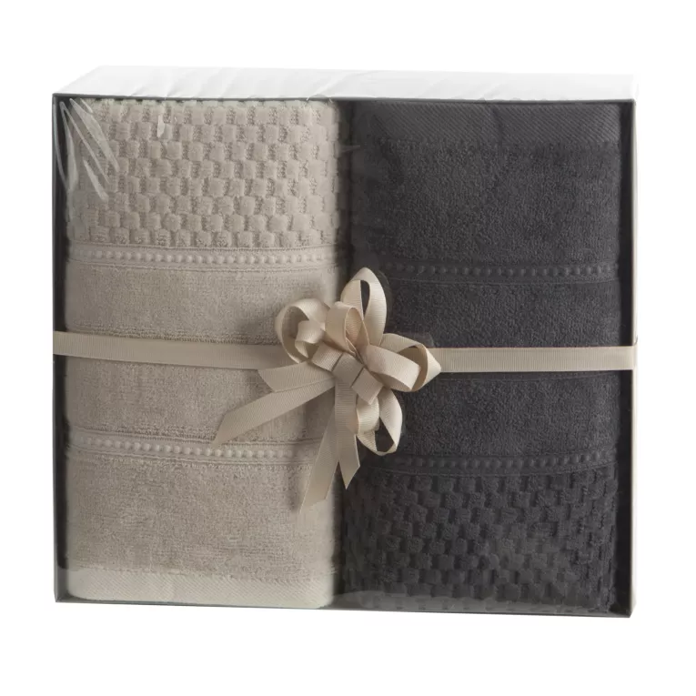 Zestaw ręczników bawełnianych na prezent 2 szt 70x140 cm kolor beżowy, stalowy o ryżowej strukturze Eurofirany