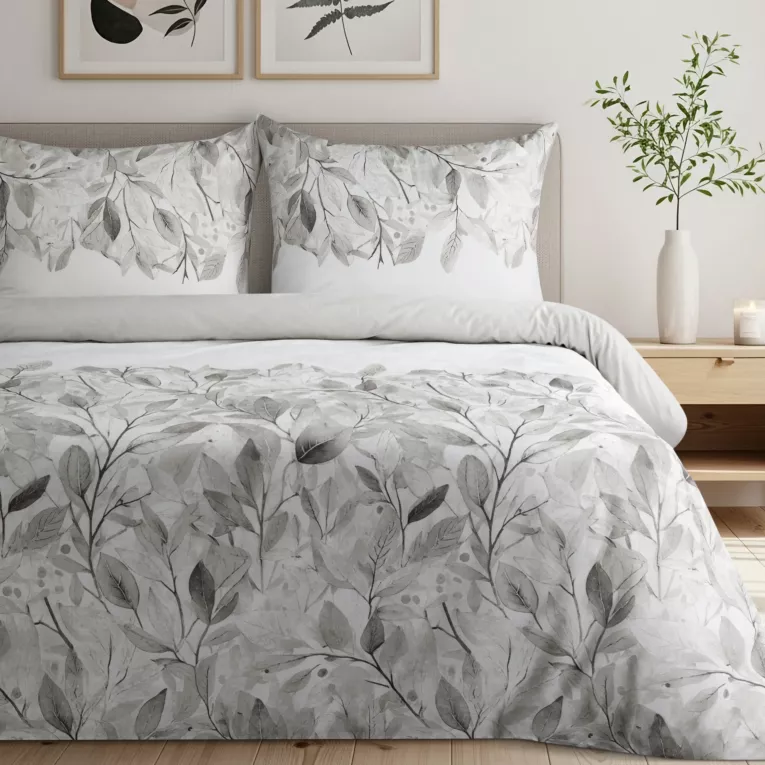 Pościel 220x200 cm satyna bawełniana kolor srebrno, biały z wzorem roślinnym SPRING 63 Eurofirany
