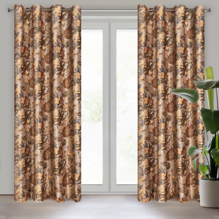 Zasłona rudo, stalowa w kwiaty z welwetu 140x250 cm przelotka DIANA Eurofirany