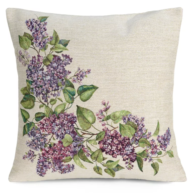 Poszewka na poduszkę gobelinowa 45x45 cm naturalno, fioletowa  z wiosennym motywem bzu Eurofirany