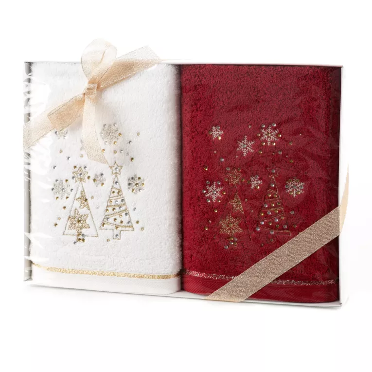 Zestaw ręczników światecznych bawełnianych 2 szt 50x90 cm kolor biały,czerwony 420 g/m2 JOY 07 Eurofirany