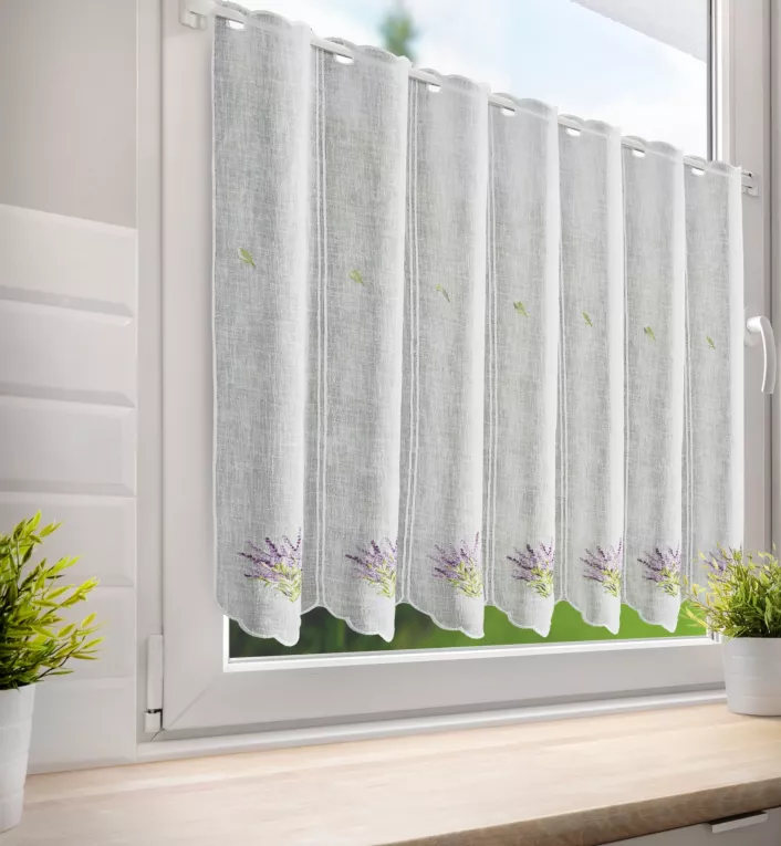 Tkanina firanowa zazdrostka z etaminy zdobiona haftem lawendy Eurofirany