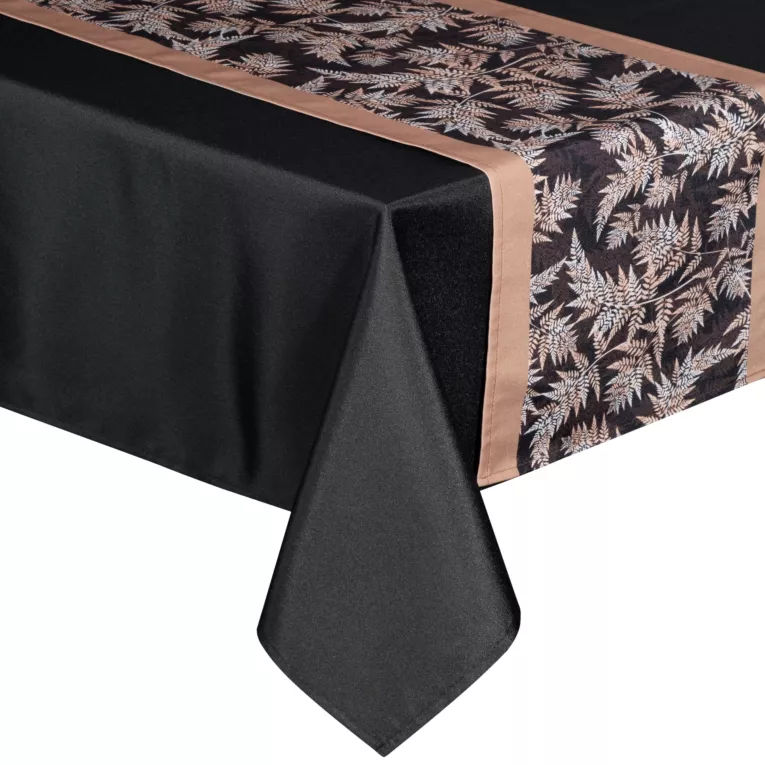 Komplet obrus z bieżnikiem czarno, beżowy 140x220/33x220 cm ANITA 1 zdobiony subtelnym wzorem roślinnym
