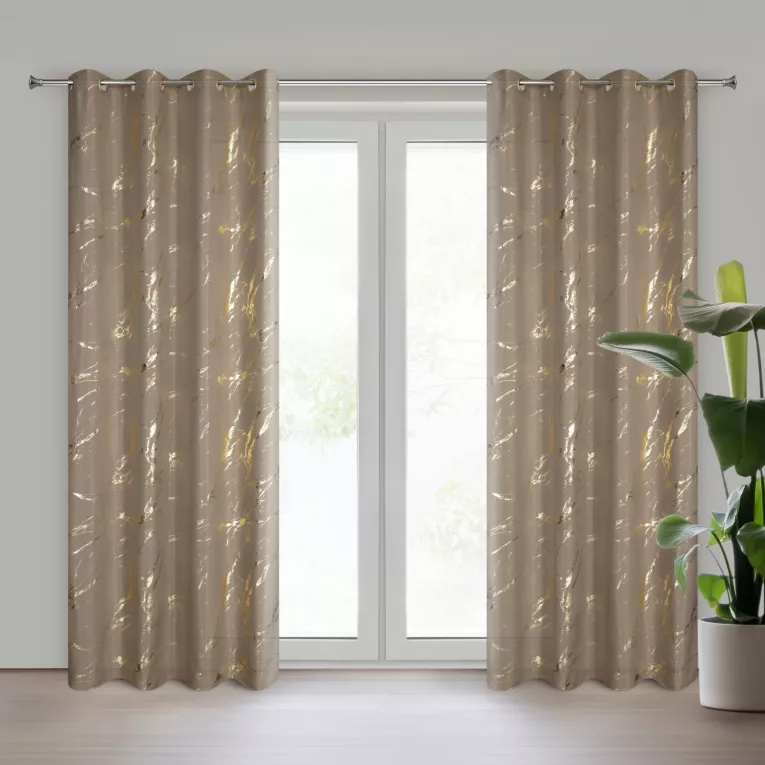 Zasłona brązowo, złocista zdobiona nadrukiem marmurku 140x250 cm przelotka LANI Eurofirany