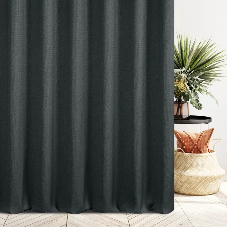 Zasłona szyta na taśmie fala ciemnografitowa z tkaniny o naturalnym splocie z efektem melanżu