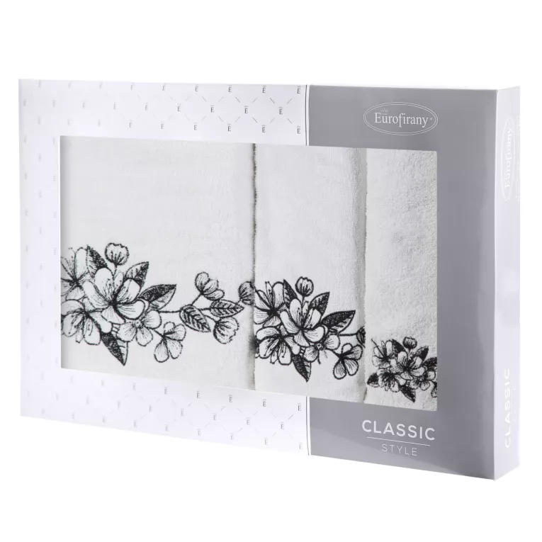 Zestaw ręczników bawełnianych 3 szt kolor biały,czarny z haftowanym motywem kwiatu wiśni 400 g/m2 SOFIA Eurofirany