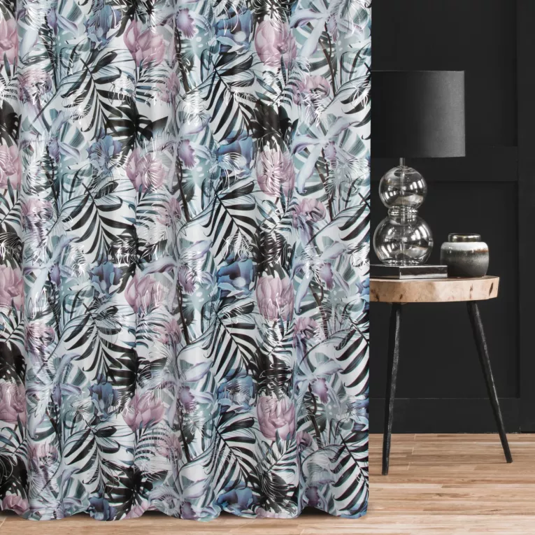 Zasłona szyta na taśmie fala biało różowa miękka, welwetowa, z nadrukowanym motywem botanicznym i srebrnymi elementami