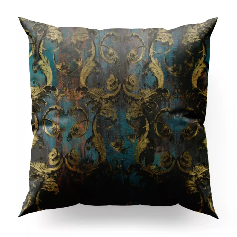Poszewka szyta ciemnoturkusowo złota z miękkiej tkaniny w elegancki ornamentowy wzór