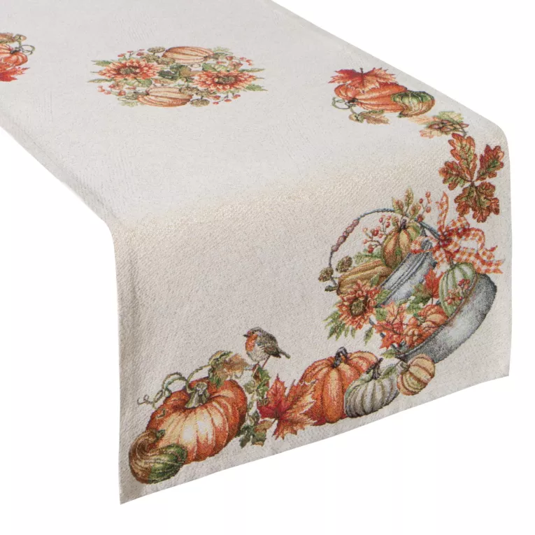 Bieżnik na stół naturalno, pomarańczowy 40x100 cm gobelinowy zdobiony motywem dyń