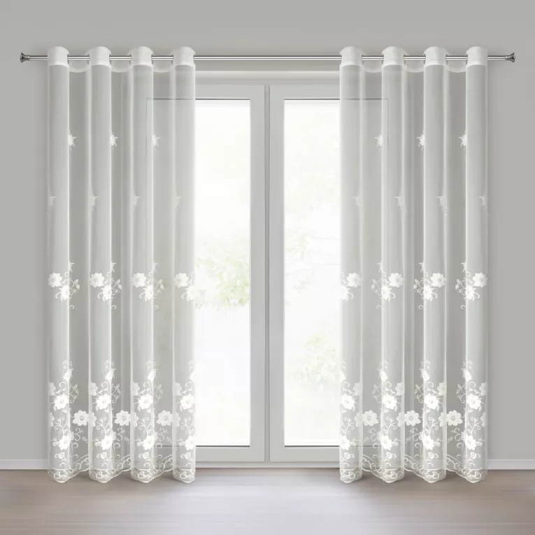 Firana kremowa z siateczki zdobiona subtelnym haftem 140x250 cm przelotka - SALI Eurofirany