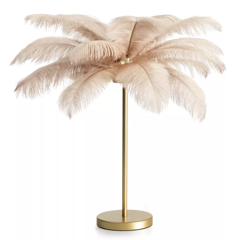 Lampa stojąca do salonu beżowo, szampańska FERI na metalowej podstawie z niezwykle efektownym abażurem z naturalnych strusich piór Eurofirany