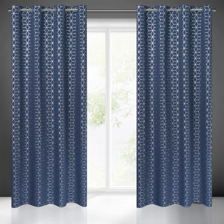 Zasłona granatowo, srebrna ze srebrnym geometrycznym wzorem 140x250 cm przelotka CUBE Eurofirany