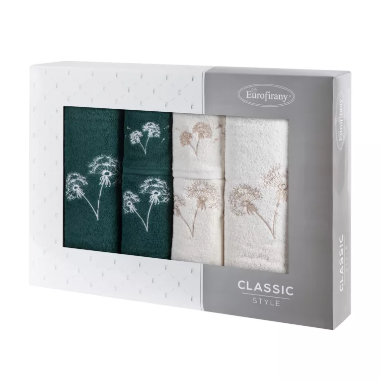 Zestaw ręczników bawełnianych 6 szt kolor ciemnozielony, kremowy z haftowanym motywem dmuchawca 400 g/m2 MOLI Eurofirany