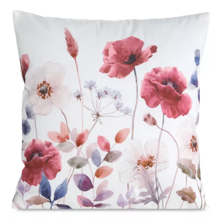 Poszewka na poduszkę 45x45 cm welwetowa zdobiona nadrukiem letnich kwiatów biało, czerwona MINK Eurofirany