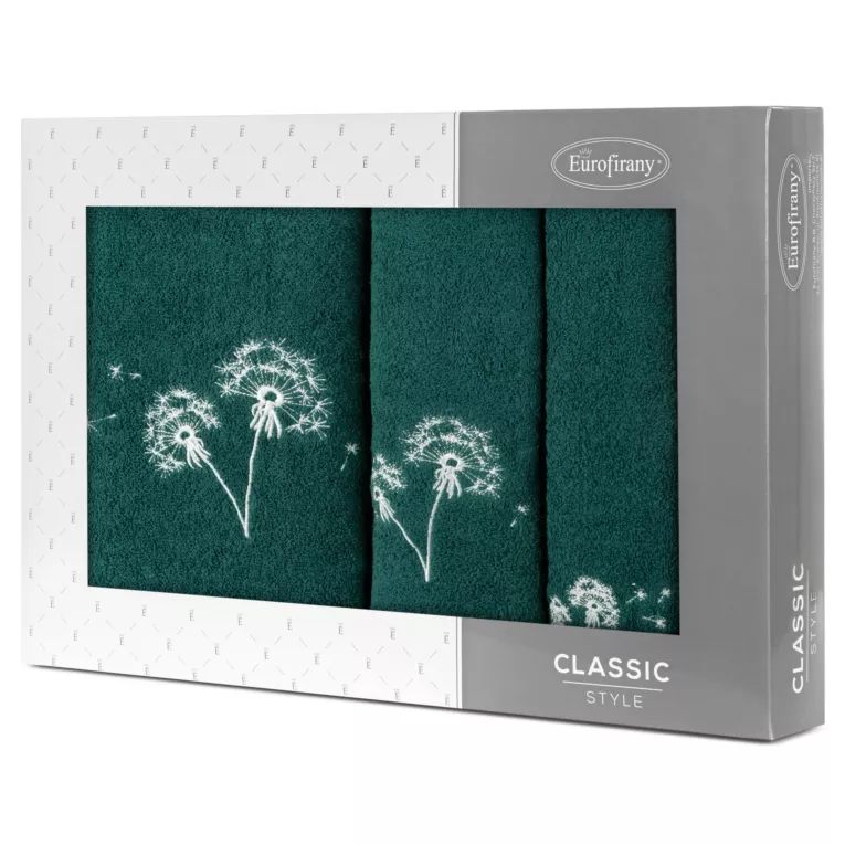 Zestaw ręczników bawełnianych 3 szt kolor ciemno zielony, srebrny z haftem dmuchawca 400 g/m2 MOLI Eurofirany