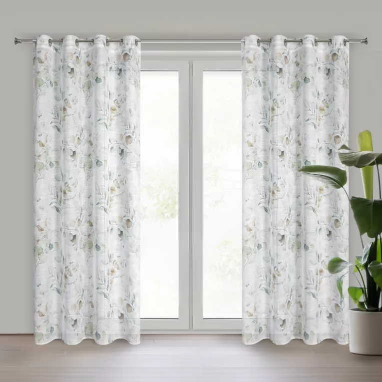 Zasłona biało, zielona z subtelnym nadrukiem z matowej tkaniny 140x250 cm przelotka SENA Eurofirany