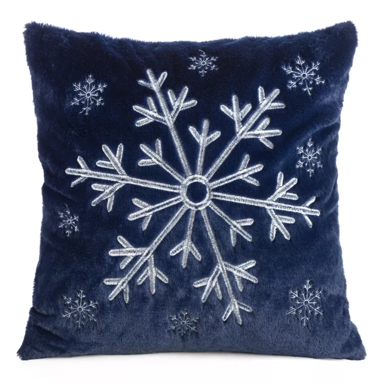 Poszewka na poduszkę 45x45 cm świąteczna z haftowaną śnieżynką granatowo, srebrna Eurofirany